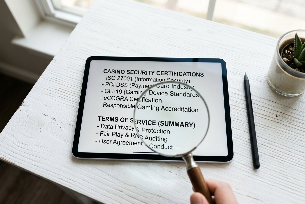 A magnifying glass over a tablet screen showing casino terms and conditions.