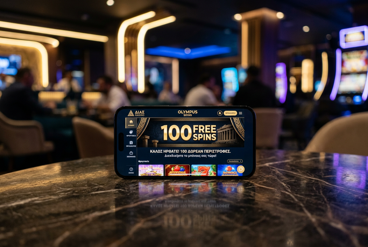 A premium smartphone screen showing a casino bonus offer for free spins.