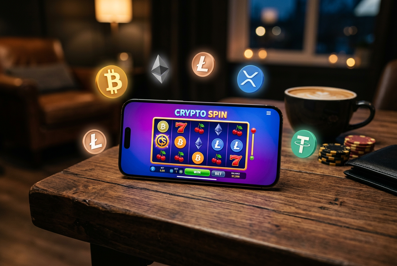 A professional photograph of a high-end smartphone showing a casino interface with cryptocurrency logos.