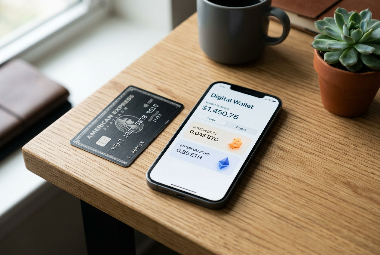 Collection of digital payment icons and devices on a modern desk.
