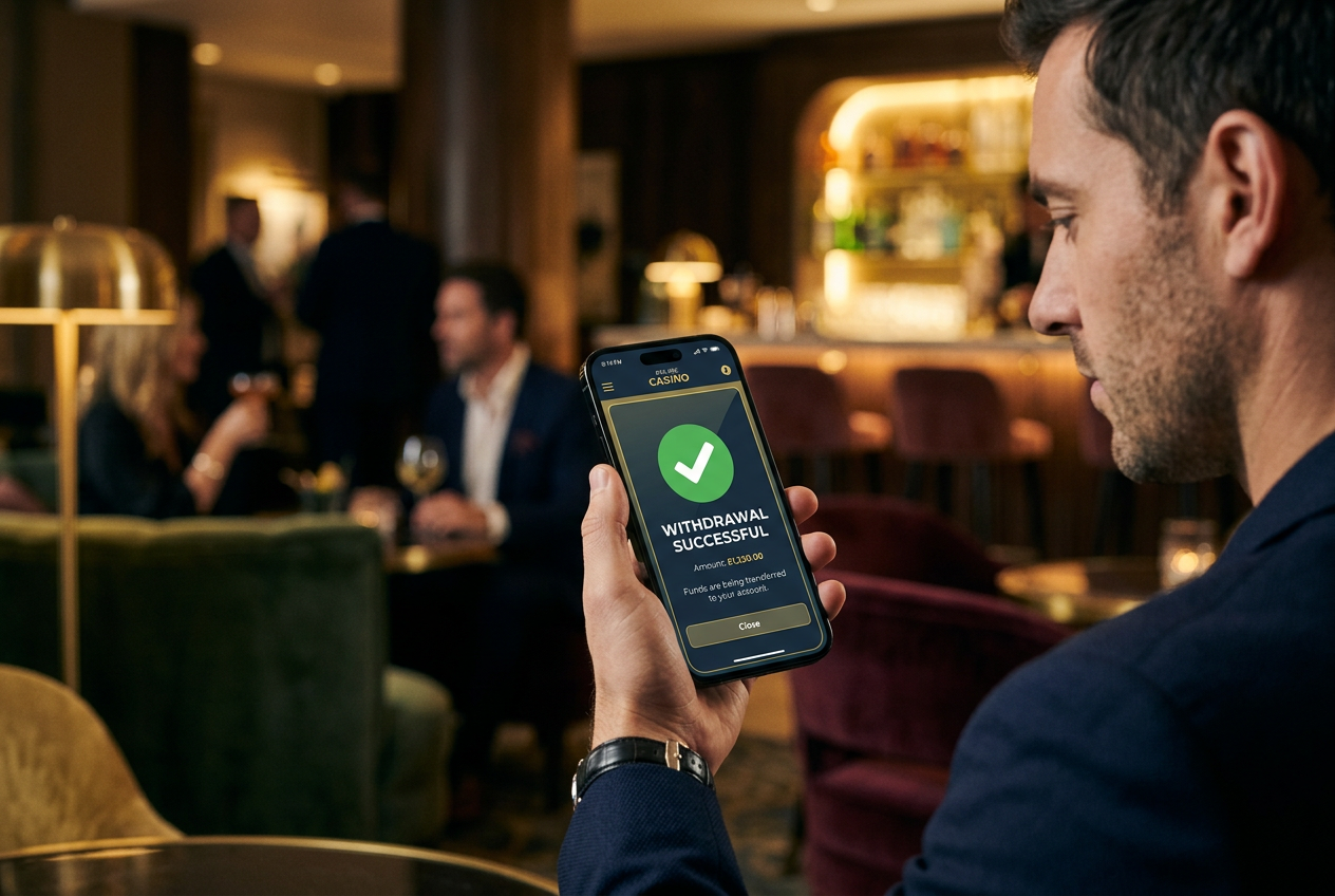 Smartphone display showing a successful casino withdrawal notification.
