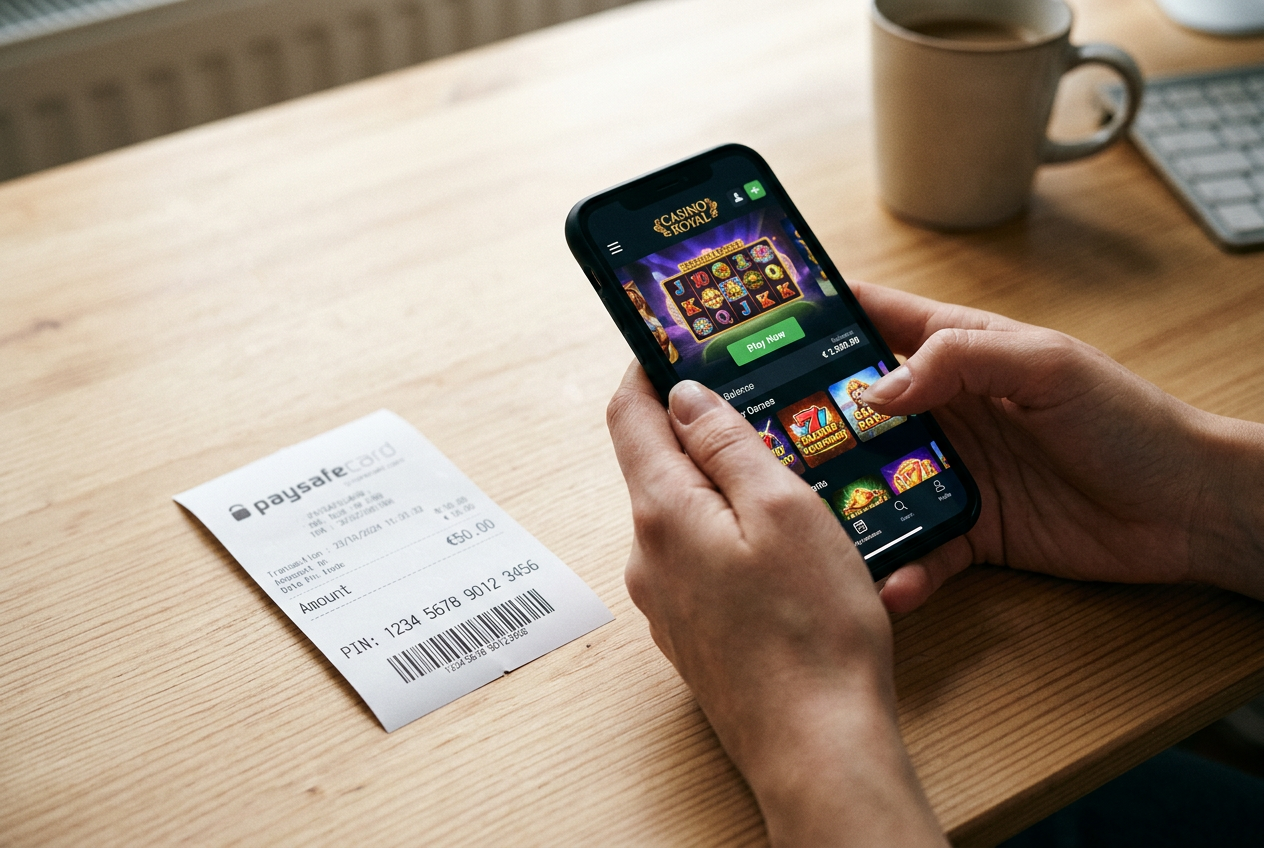 A person using a smartphone to make a secure online payment with a Paysafecard.
