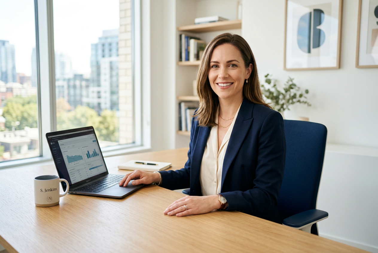 A professional woman analyzing data on a laptop.