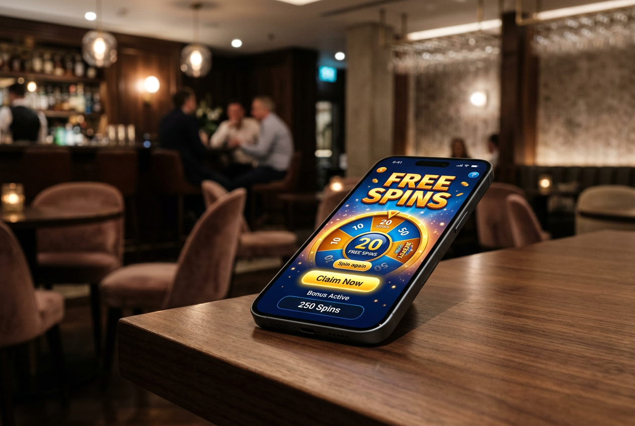 A smartphone screen displaying casino free spin rewards.